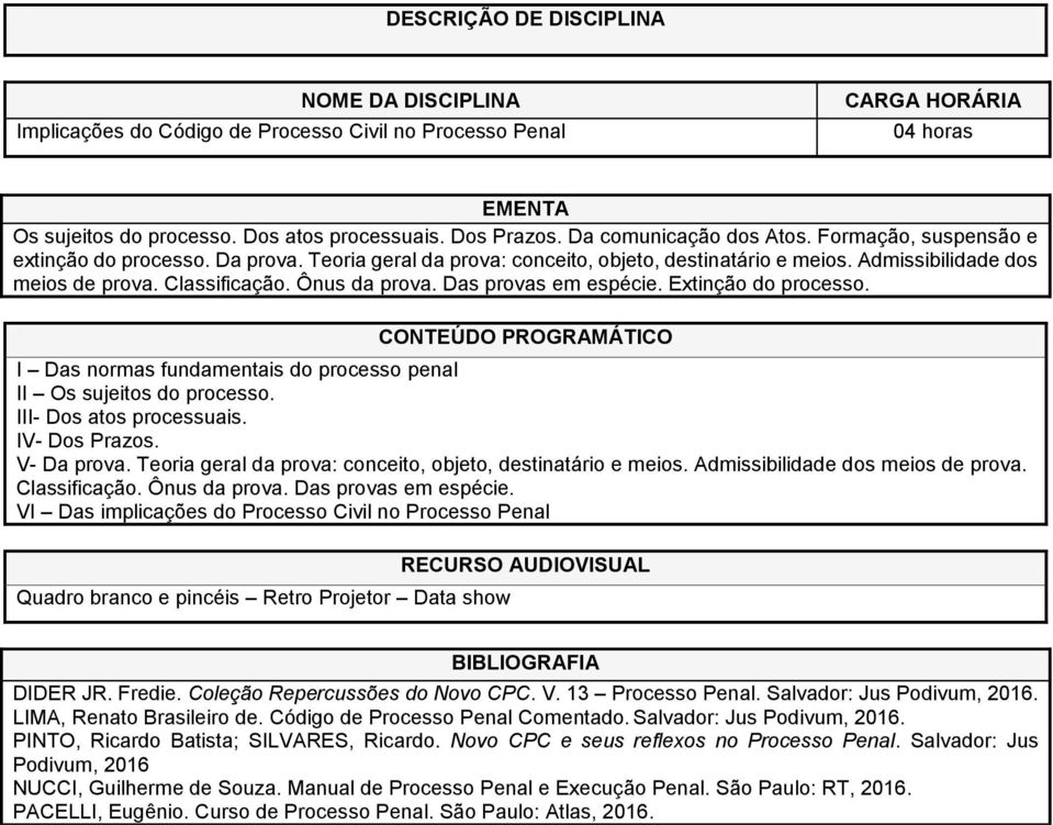 I Das normas fundamentais do processo penal II Os sujeitos do processo. III- Dos atos processuais. IV- Dos Prazos. V- Da prova. Teoria geral da prova: conceito, objeto, destinatário e meios.