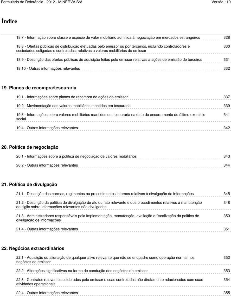 9 - Descrição das ofertas públicas de aquisição feitas pelo emissor relativas a ações de emissão de terceiros 331 18.10 - Outras informações relevantes 332 19. Planos de recompra/tesouraria 19.