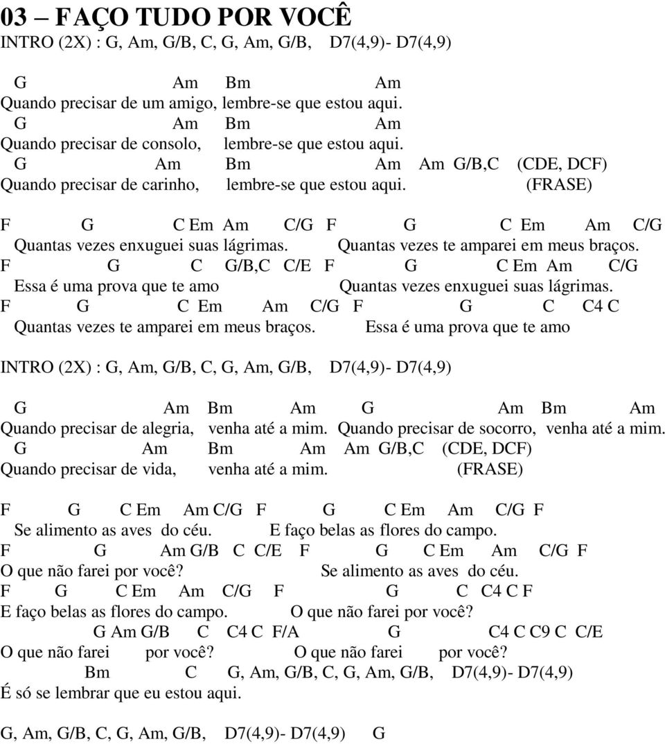 (FRASE) F G C Em Am C/G F G C Em Am C/G Quantas vezes enxuguei suas lágrimas. Quantas vezes te amparei em meus braços.