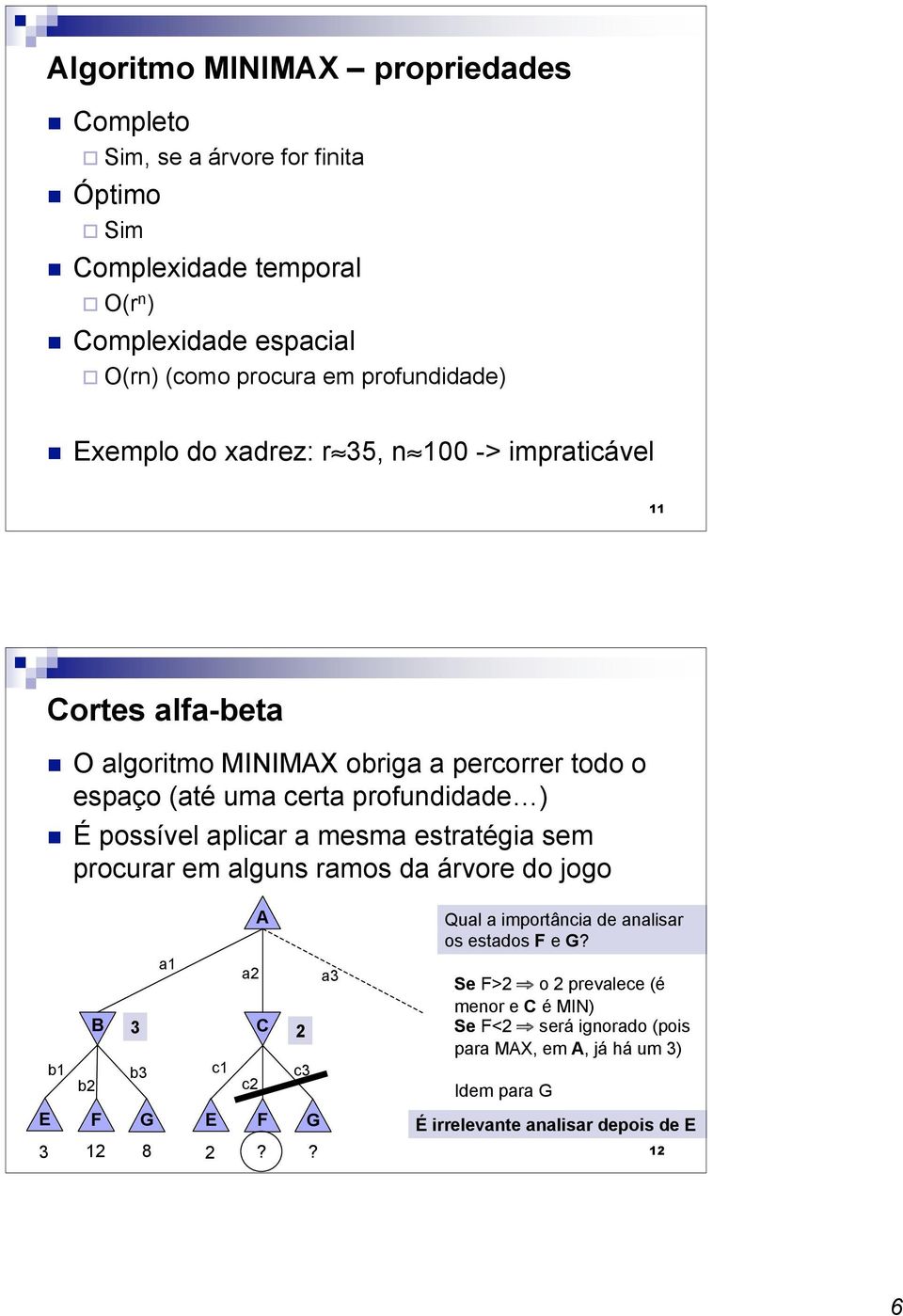 É possível aplicar a mesma estratégia sem procurar em alguns ramos da árvore do jogo a a2 a B C 2 b b c b2 c2 c E F G E F G 2 8 2?