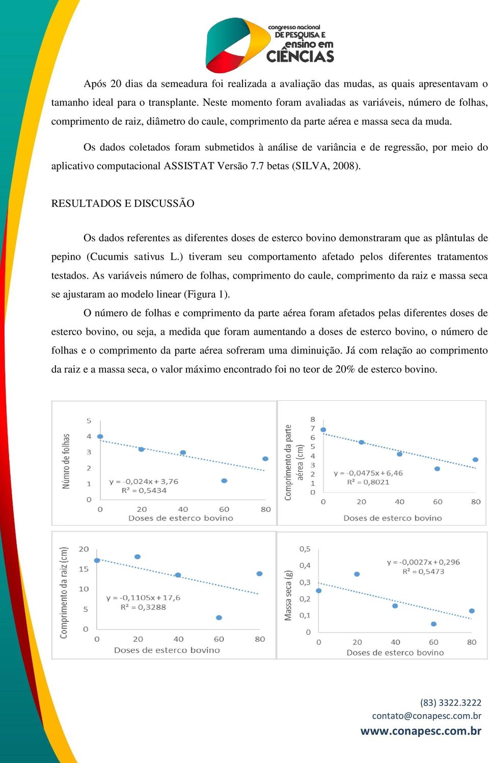 Os dados coletados foram submetidos à análise de variância e de regressão, por meio do aplicativo computacional ASSISTAT Versão 7.7 betas (SILVA, 2008).