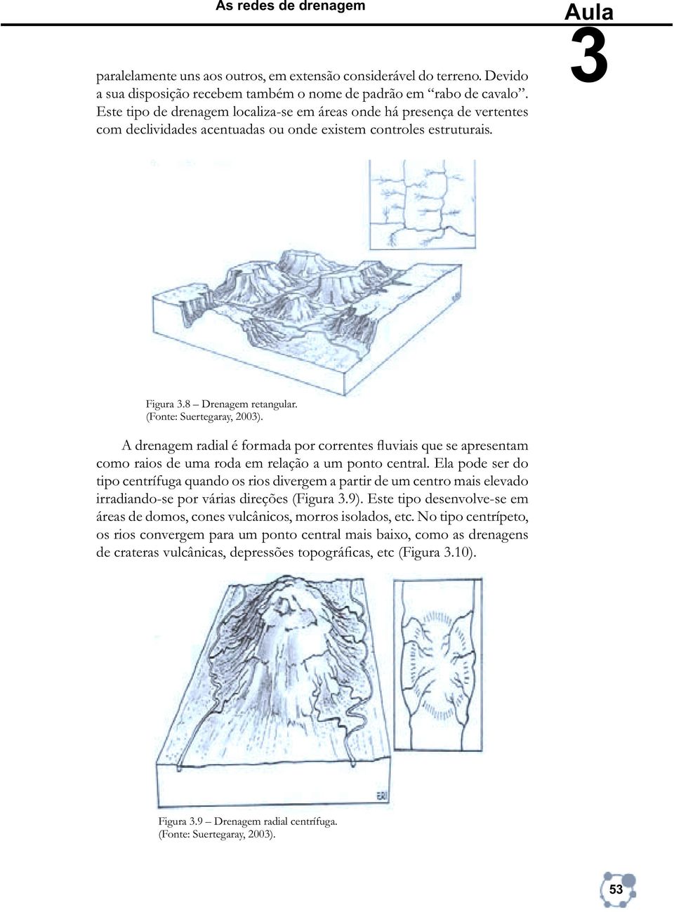 (Fonte: Suertegaray, 2003). A drenagem radial é formada por correntes fluviais que se apresentam como raios de uma roda em relação a um ponto central.