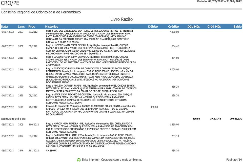 23 2809 08/2012 Pago a LUCIENE MARIA SILVA DE PAULA, liquidação do empenho 647, CHEQUE 850467, OFICIO ref. a VALOR QUE SE EMPENHA PARA PAGT.