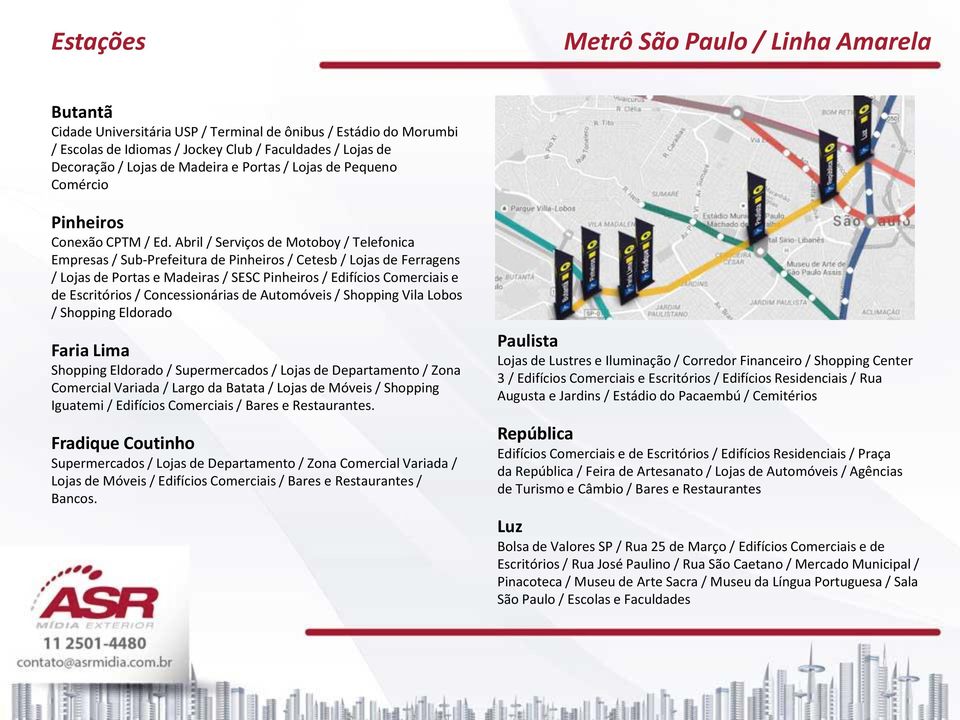 Abril / Serviços de Motoboy / Telefonica Empresas / Sub-Prefeitura de Pinheiros / Cetesb / Lojas de Ferragens / Lojas de Portas e Madeiras / SESC Pinheiros / Edifícios Comerciais e de Escritórios /