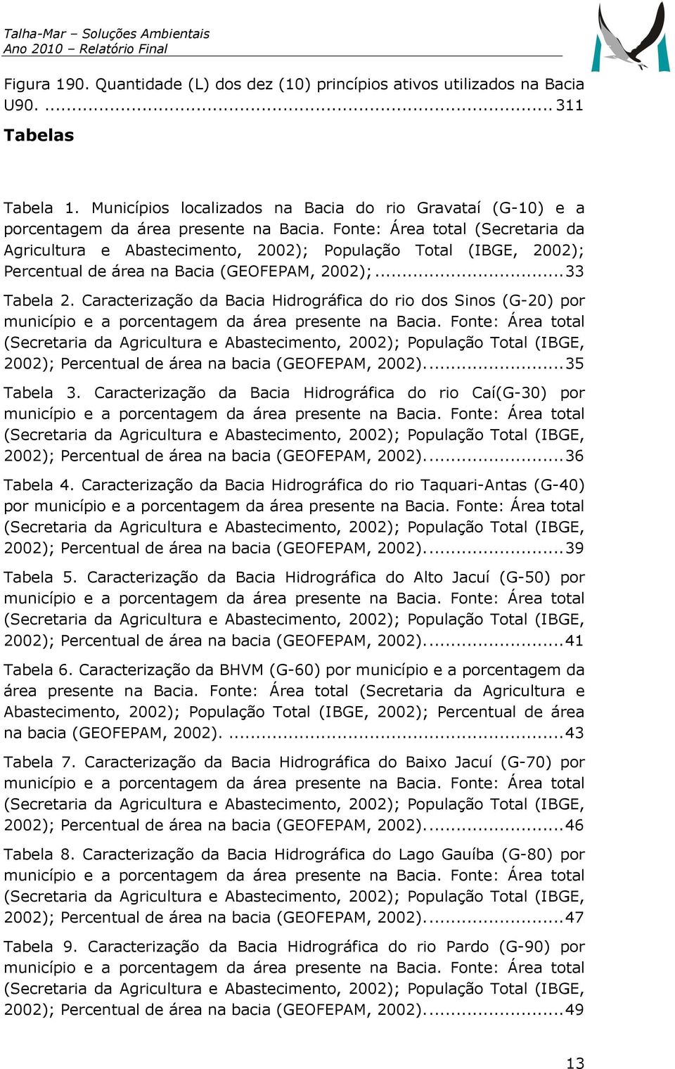 Fonte: Área total (Secretaria da Agricultura e Abastecimento, 2002); População Total (IBGE, 2002); Percentual de área na Bacia (GEOFEPAM, 2002);... 33 Tabela 2.