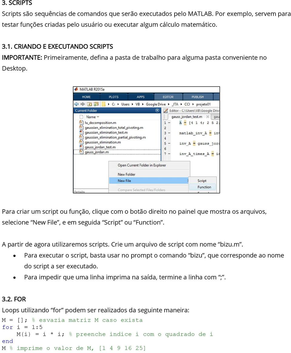 Para criar um script ou função, clique com o botão direito no painel que mostra os arquivos, selecione New File, e em seguida Script ou Function. A partir de agora utilizaremos scripts.