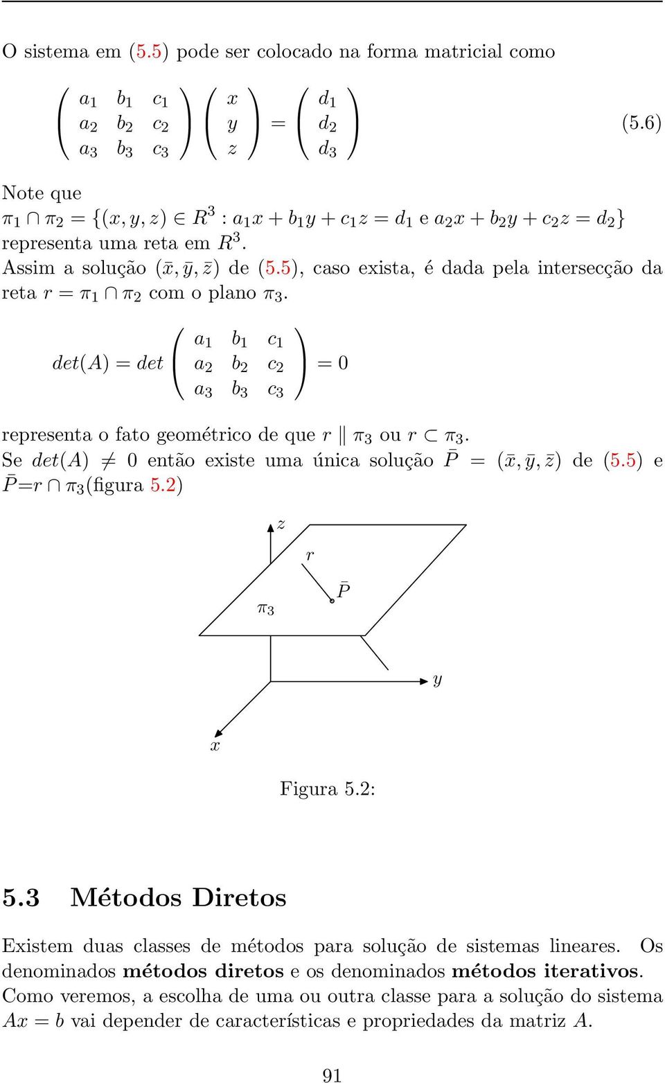 5), caso exista, é dada pela intersecção da reta r = π 1 π 2 com o plano π 3. det(a) = det a 1 b 1 c 1 a 2 b 2 c 2 a 3 b 3 c 3 = 0 representa o fato geométrico de que r π 3 ou r π 3.