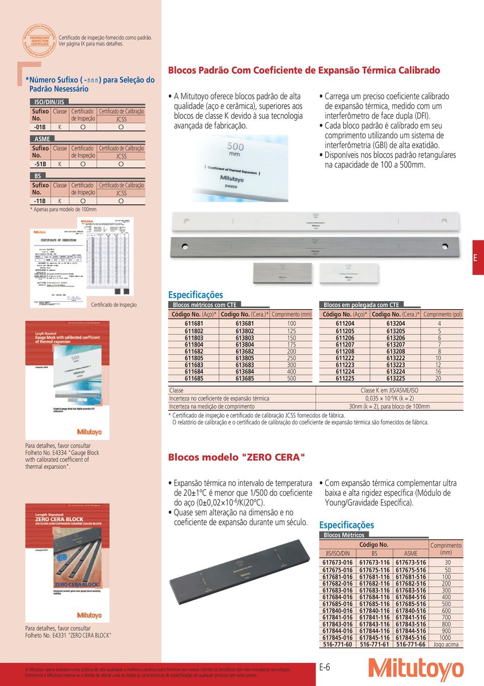 Certificado de Calibração JCSS Classe Certificado de Inspeção -B K O O * Apenas para modelo de 00mm Certificado de Calibração JCSS Blocos Padrão Com Coeficiente de xpansão Térmica Calibrado A
