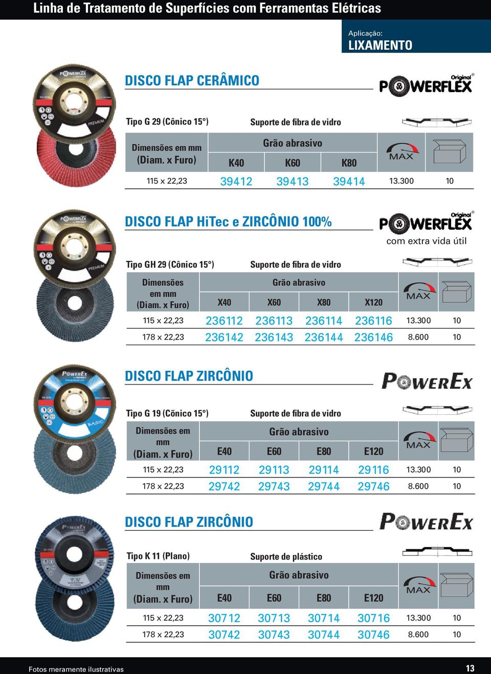 x Furo) Suporte de fibra de vidro Grão abrasivo X40 X60 X80 X120 115 x 22,23 236112 236113 236114 236116 13.300 10 178 x 22,23 236142 236143 236144 236146 8.