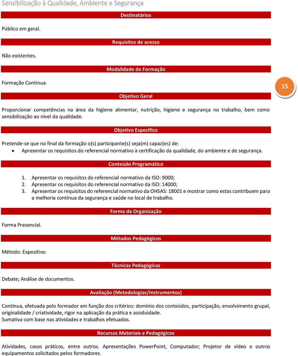 Objetivo Especifico Pretende-se que no final da formação o(s) participante(s) seja(m) capaz(es) de: Apresentar os requisitos do referencial normativo à certificação da qualidade, do ambiente e de