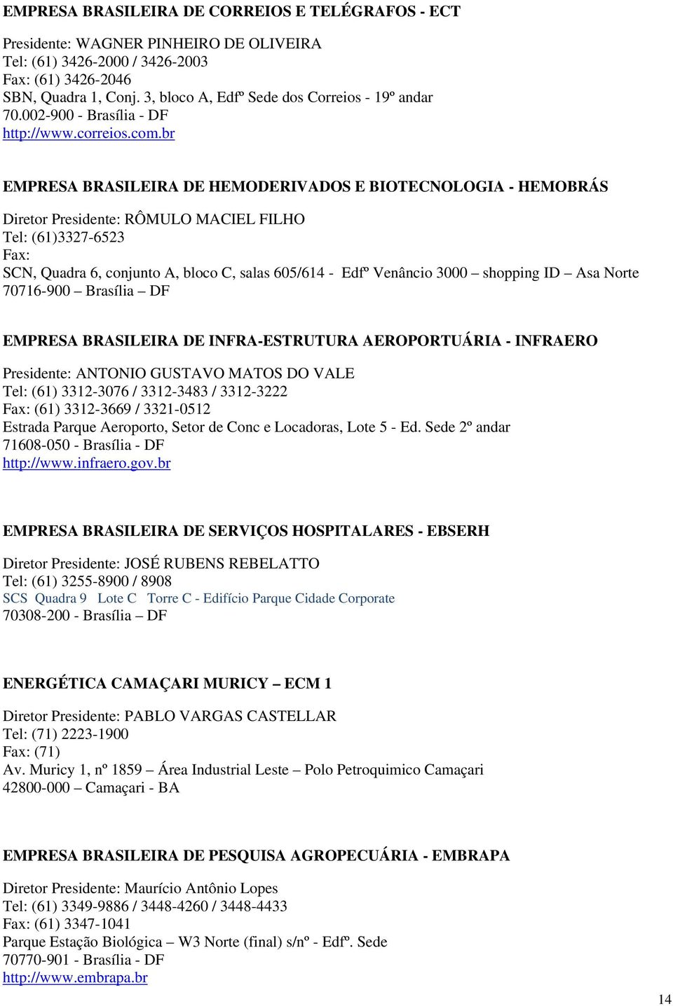 br EMPRESA BRASILEIRA DE HEMODERIVADOS E BIOTECNOLOGIA - HEMOBRÁS Diretor Presidente: RÔMULO MACIEL FILHO Tel: (61)3327-6523 Fax: SCN, Quadra 6, conjunto A, bloco C, salas 605/614 - Edfº Venâncio