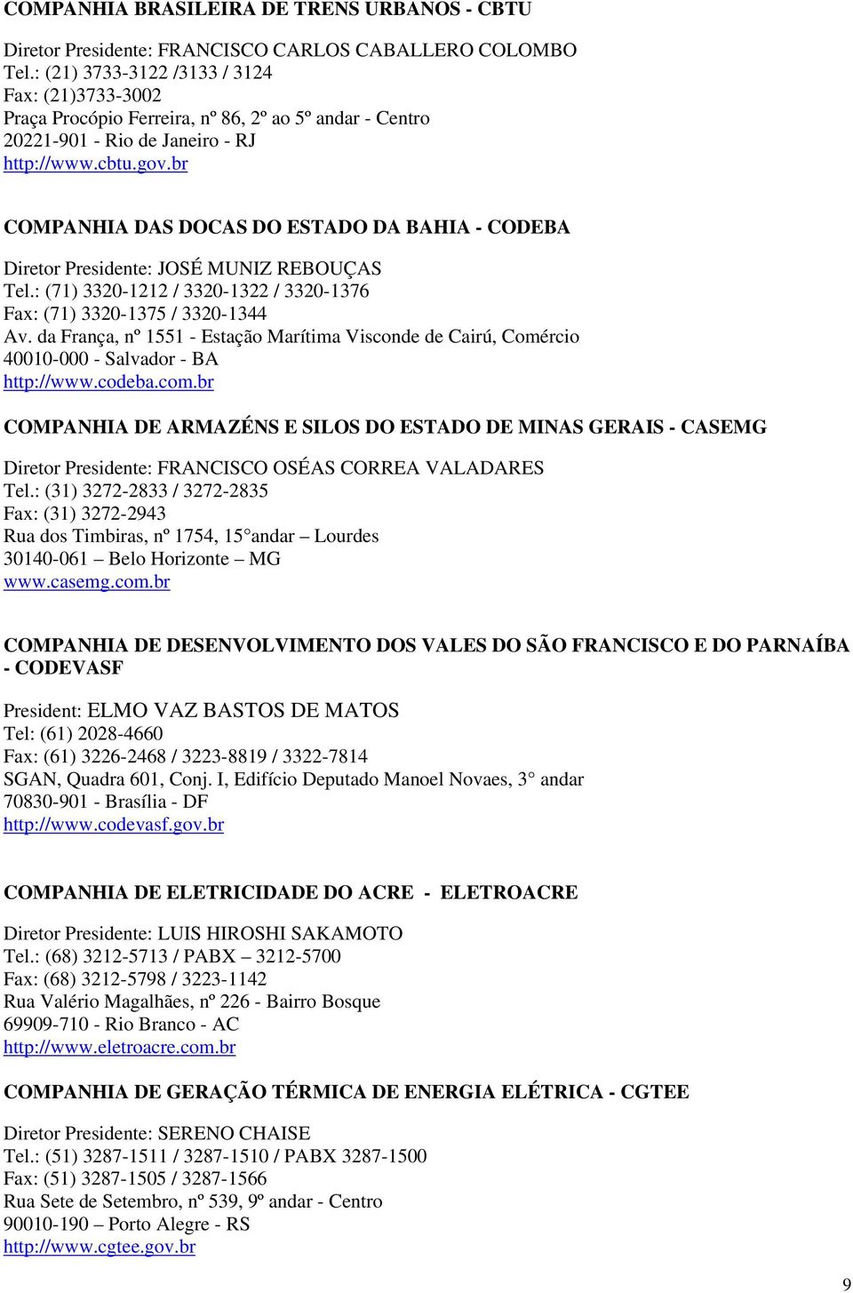 br COMPANHIA DAS DOCAS DO ESTADO DA BAHIA - CODEBA Diretor Presidente: JOSÉ MUNIZ REBOUÇAS Tel.: (71) 3320-1212 / 3320-1322 / 3320-1376 Fax: (71) 3320-1375 / 3320-1344 Av.