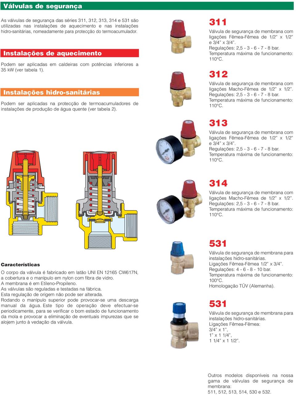 Instalações hidro-sanitárias Pom ser aplicadas na protecção termoacumuladores instalações produção água quente (ver tabela 2). 311 Válvula segurança membrana com ligações Fêmea-Fêmea x e x.