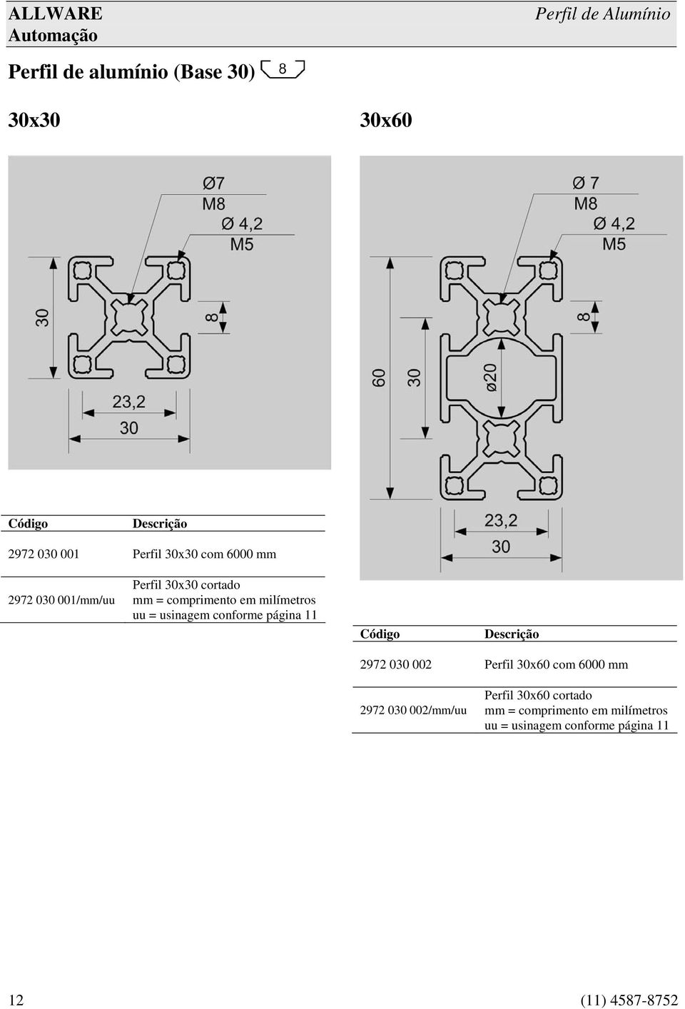 = usinagem conforme página 11 2972 030 002 Perfil 30x60 com 6000 mm 2972 030 002/mm/uu