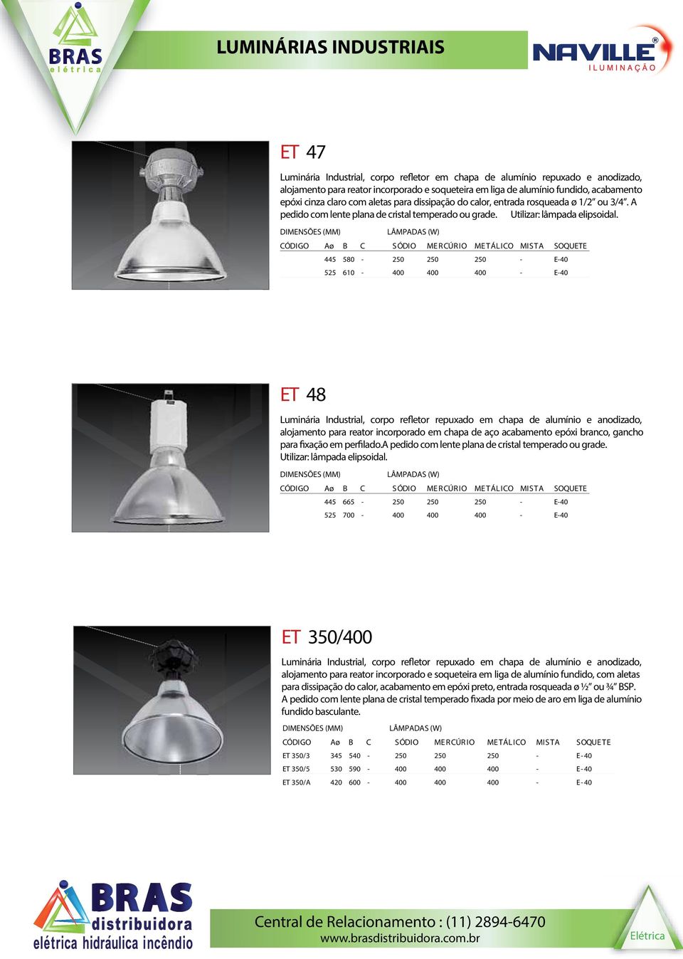 . ET 47/3 ET 47/5 445 580 525 610 400 E40 E40 ET 48 alojamento para reator incorporado em chapa de aço acabamento epóxi branco, gancho para fixação em perfilado.