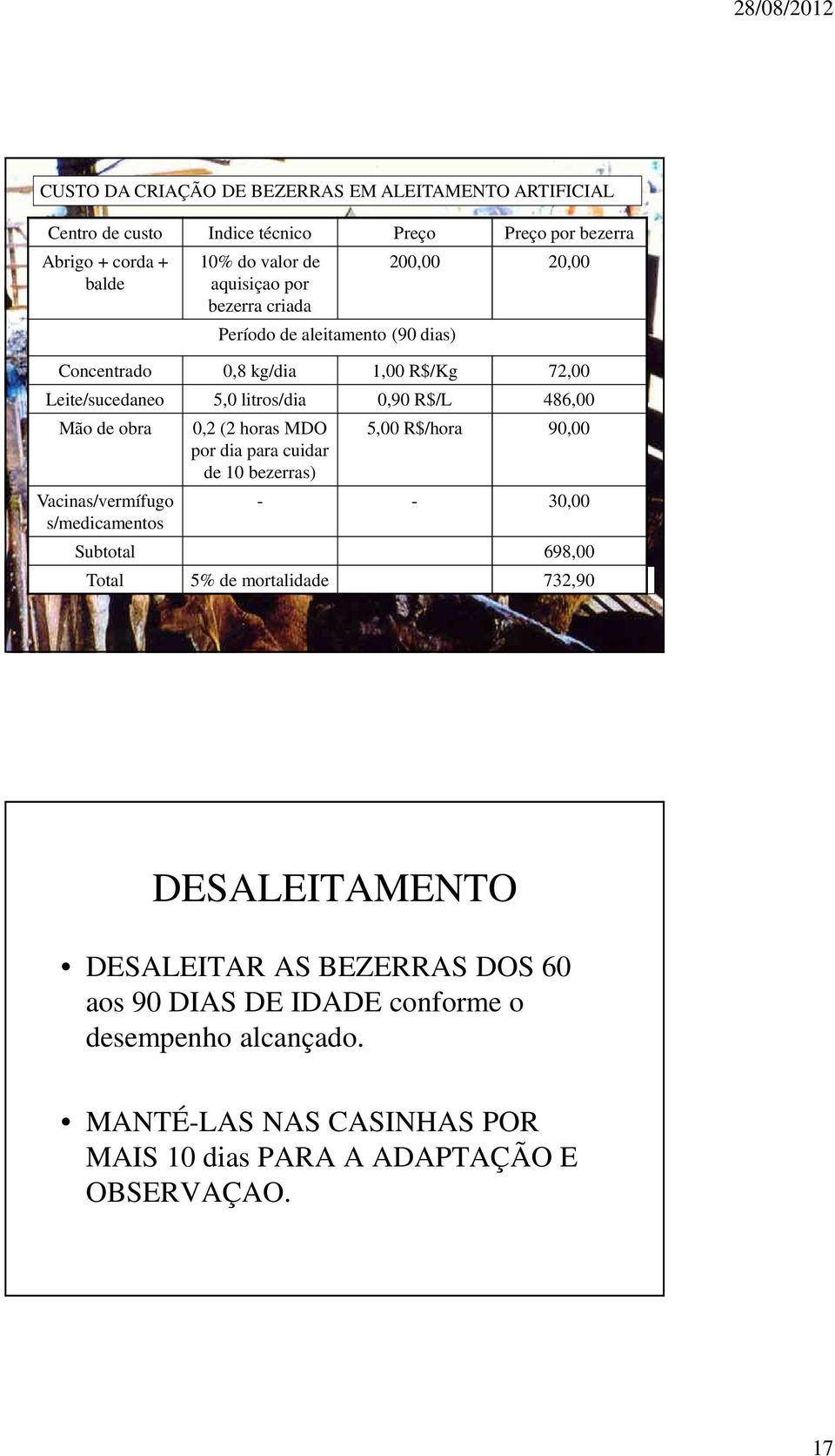 s/medicamentos 0,2 (2 horas MDO por dia para cuidar de 10 bezerras) 5,00 R$/hora 90,00 - - 30,00 Subtotal 698,00 Total 5% de mortalidade (NUSSIO, 732,90 C.M.B.