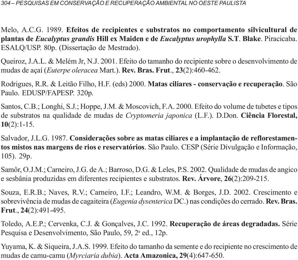 (Dissertação de Mestrado). Queiroz, J.A.L. & Melém Jr, N.J. 2001. Efeito do tamanho do recipiente sobre o desenvolvimento de mudas de açaí (Euterpe oleracea Mart.). Rev. Bras. Frut., 23(2):460-462.