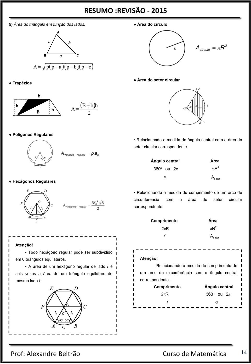 Hexágonos Regulares Ângulo central Área 360 ou R A setor Relacionando a medida do comprimento de um arco de circunferência com a área do setor circular correspondente.
