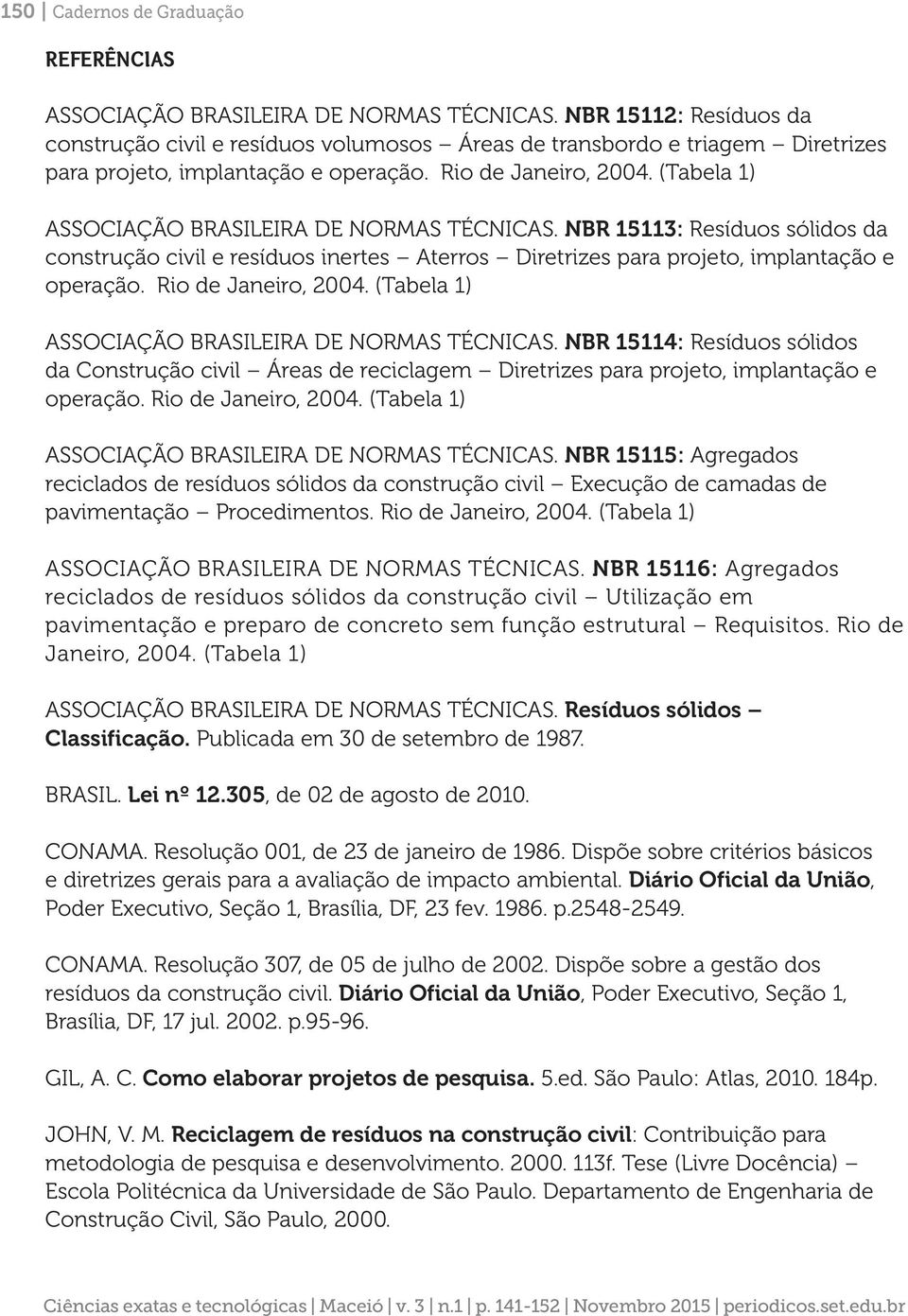 (Tabela 1) ASSOCIAÇÃO BRASILEIRA DE NORMAS TÉCNICAS. NBR 15113: Resíduos sólidos da construção civil e resíduos inertes Aterros Diretrizes para projeto, implantação e operação. Rio de Janeiro, 2004.