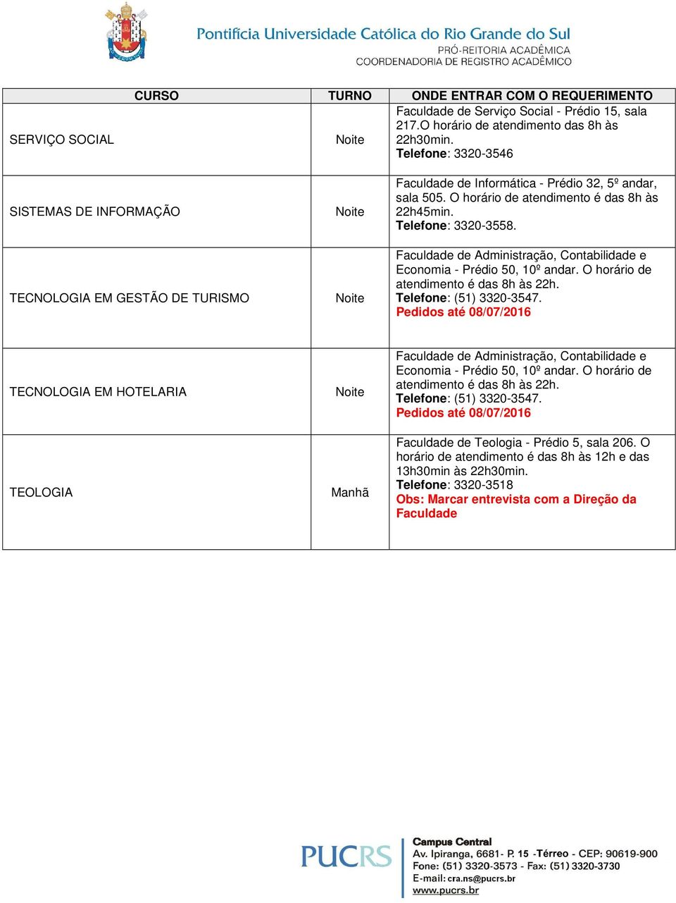 Telefone: 3320-3546 SISTEMAS DE INFORMAÇÃO TECNOLOGIA EM GESTÃO DE TURISMO Faculdade de Informática - Prédio 32, 5º andar, sala 505.