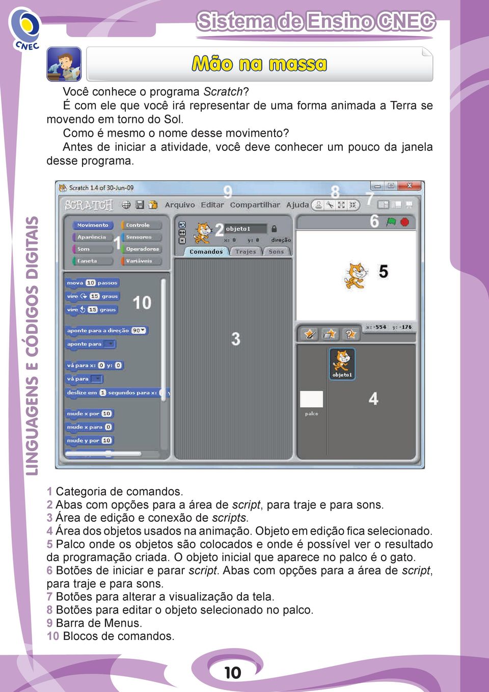 3 Área de edição e conexão de scripts. 4 Área dos objetos usados na animação. Objeto em edição fi ca selecionado.