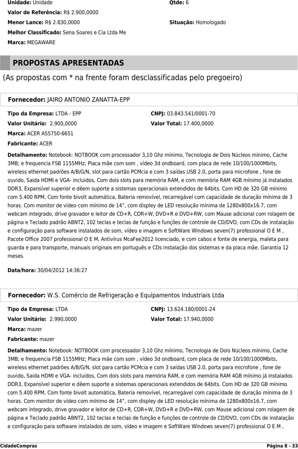 JAIRO ANTONIO ZANATTA-EPP Tipo da Empresa: LTDA - EPP CNPJ: 03.843.541/0001-70 Valor Unitário: 2.900,0000 Valor Total: 17.