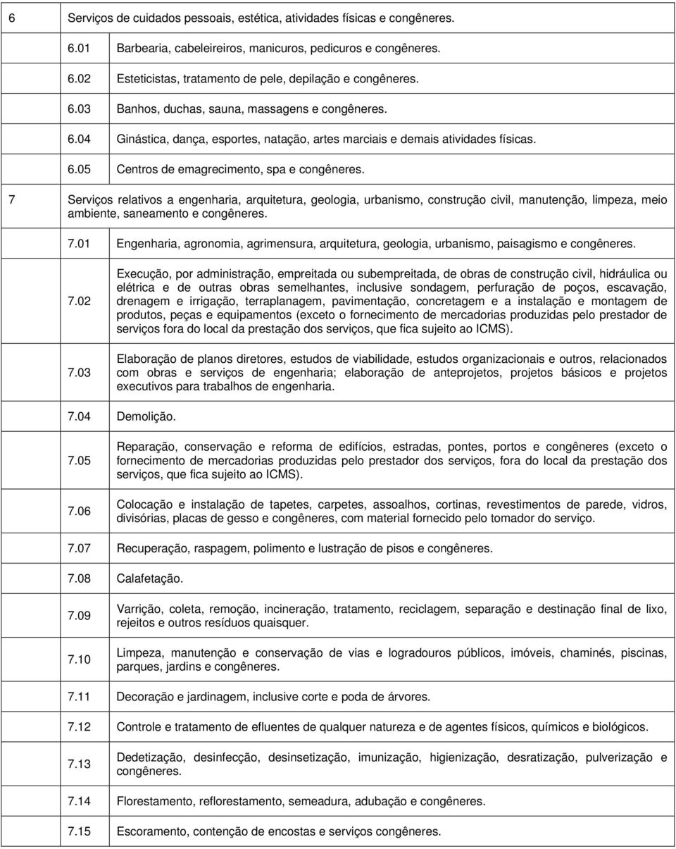 7 Serviços relativos a engenharia, arquitetura, geologia, urbanismo, construção civil, manutenção, limpeza, meio ambiente, saneamento e congêneres. 7.