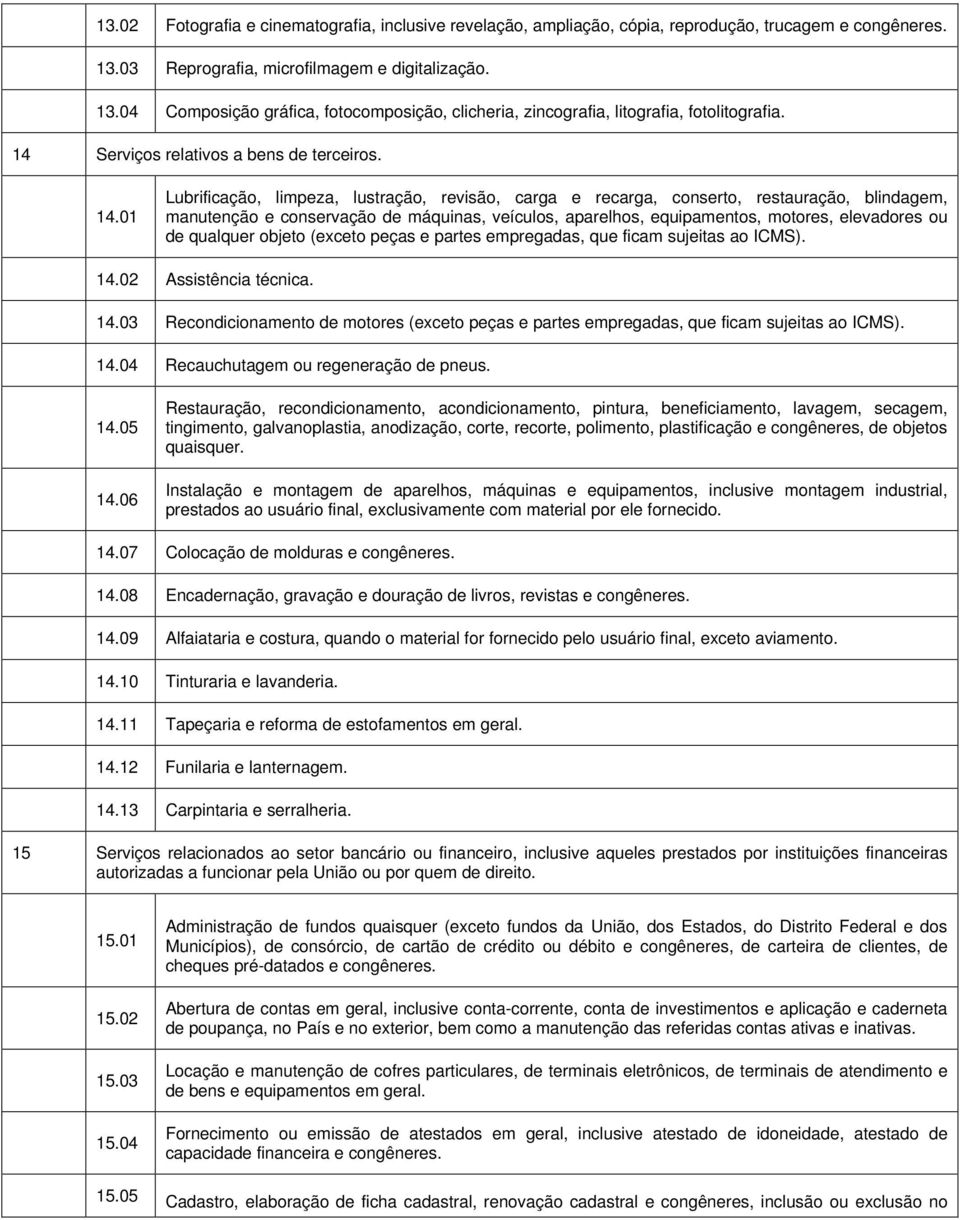 Serviços relativos a bens de terceiros. 14.