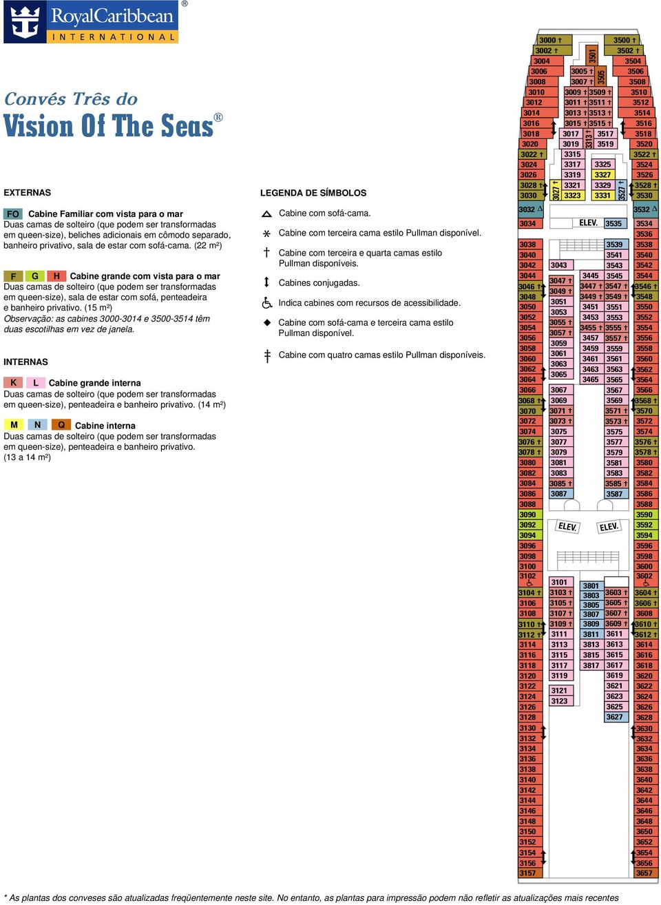 (15 m²) Observação: as cabines 3000-3014 e 3500-3514 têm duas escotilhas em vez de janela. K L Cabine grande interna M N Q Cabine interna em queen-size), penteadeira e banheiro privativo.