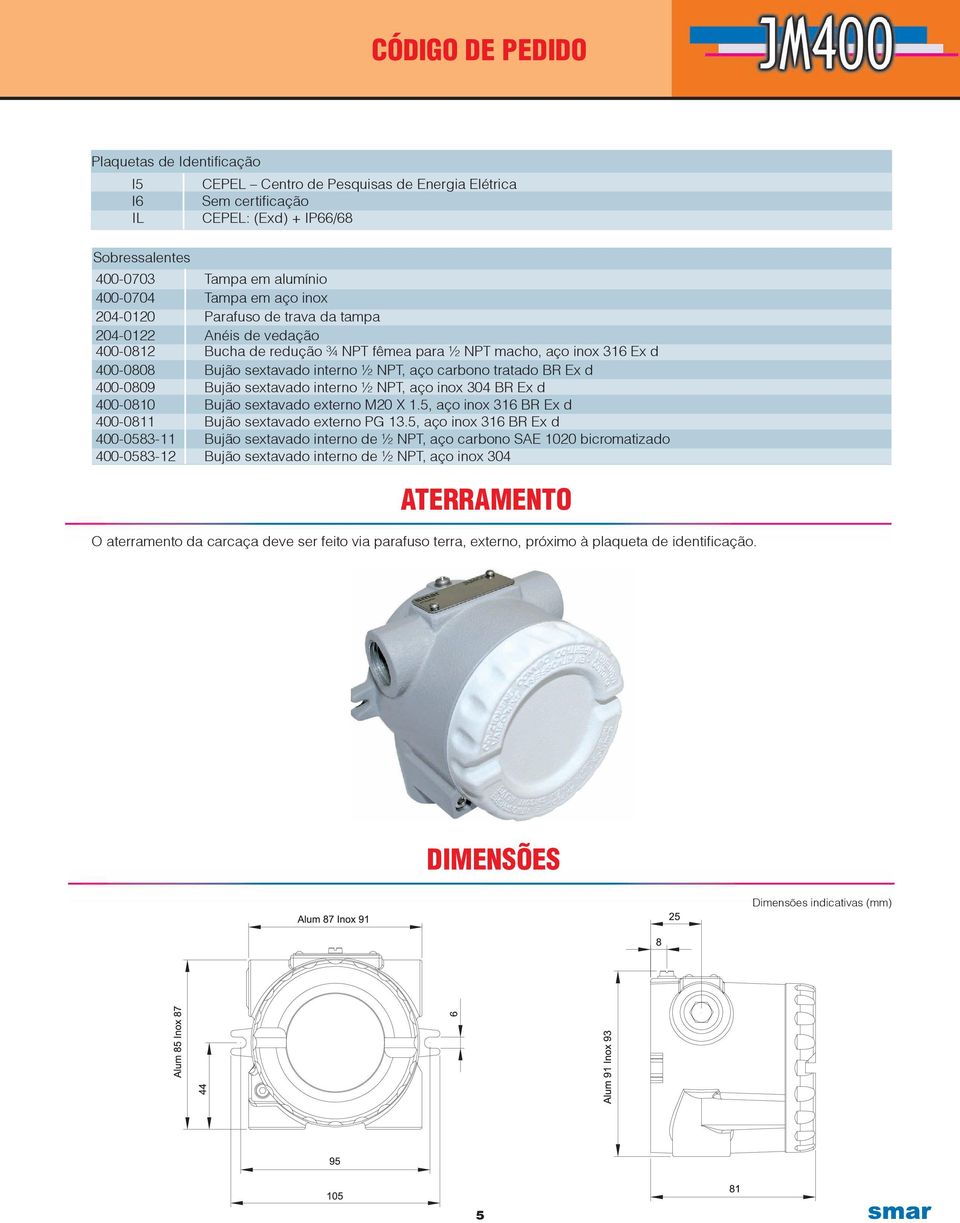 tratado BR Ex d 400-0809 Bujão sextavado interno ½ NPT, aço inox 304 BR Ex d 400-0810 Bujão sextavado externo M20 X 1.5, aço inox 316 BR Ex d 400-0811 Bujão sextavado externo PG 13.