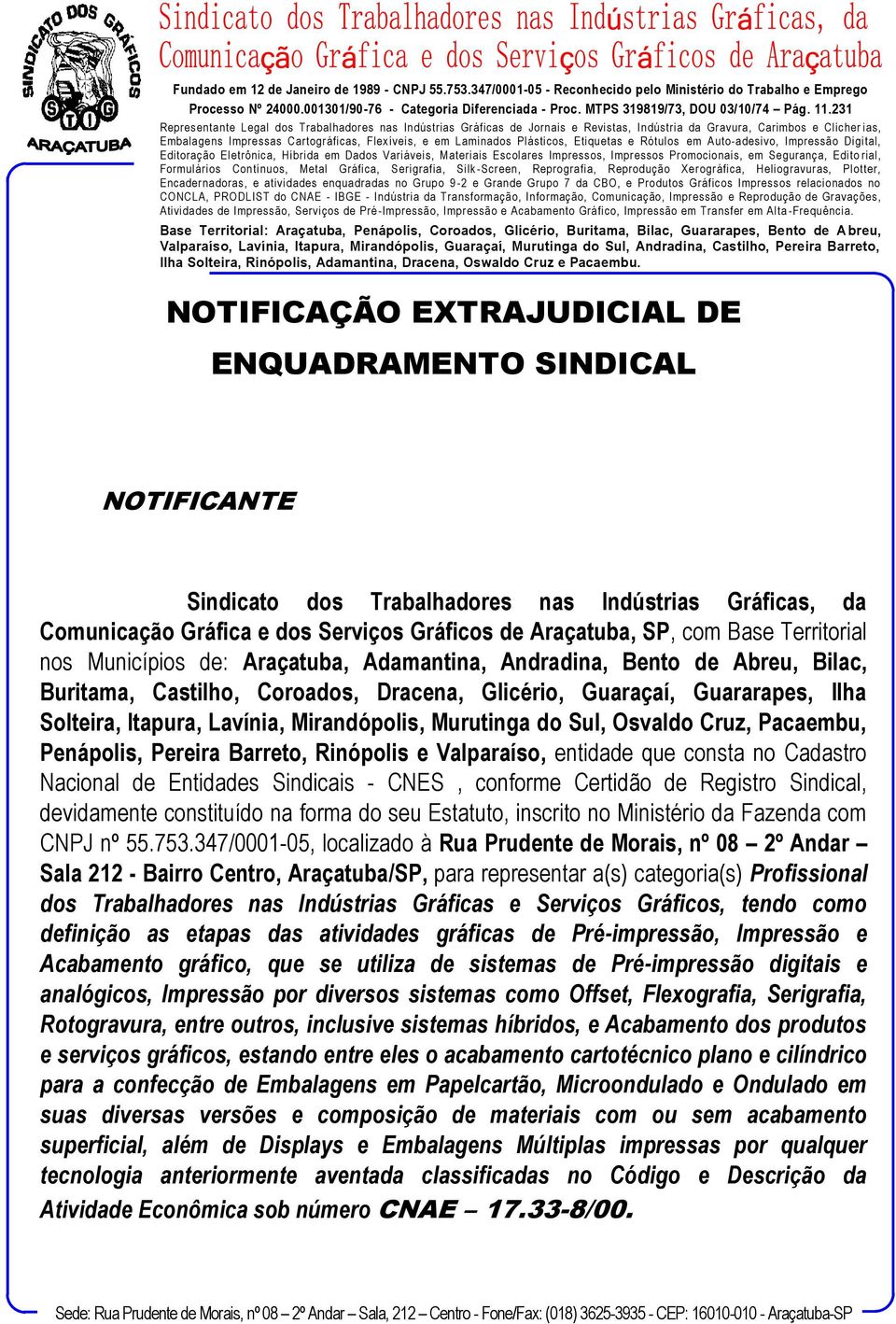 Mirandópolis, Murutinga do Sul, Osvaldo Cruz, Pacaembu, Penápolis, Pereira Barreto, Rinópolis e Valparaíso, entidade que consta no Cadastro Nacional de Entidades Sindicais - CNES, conforme Certidão