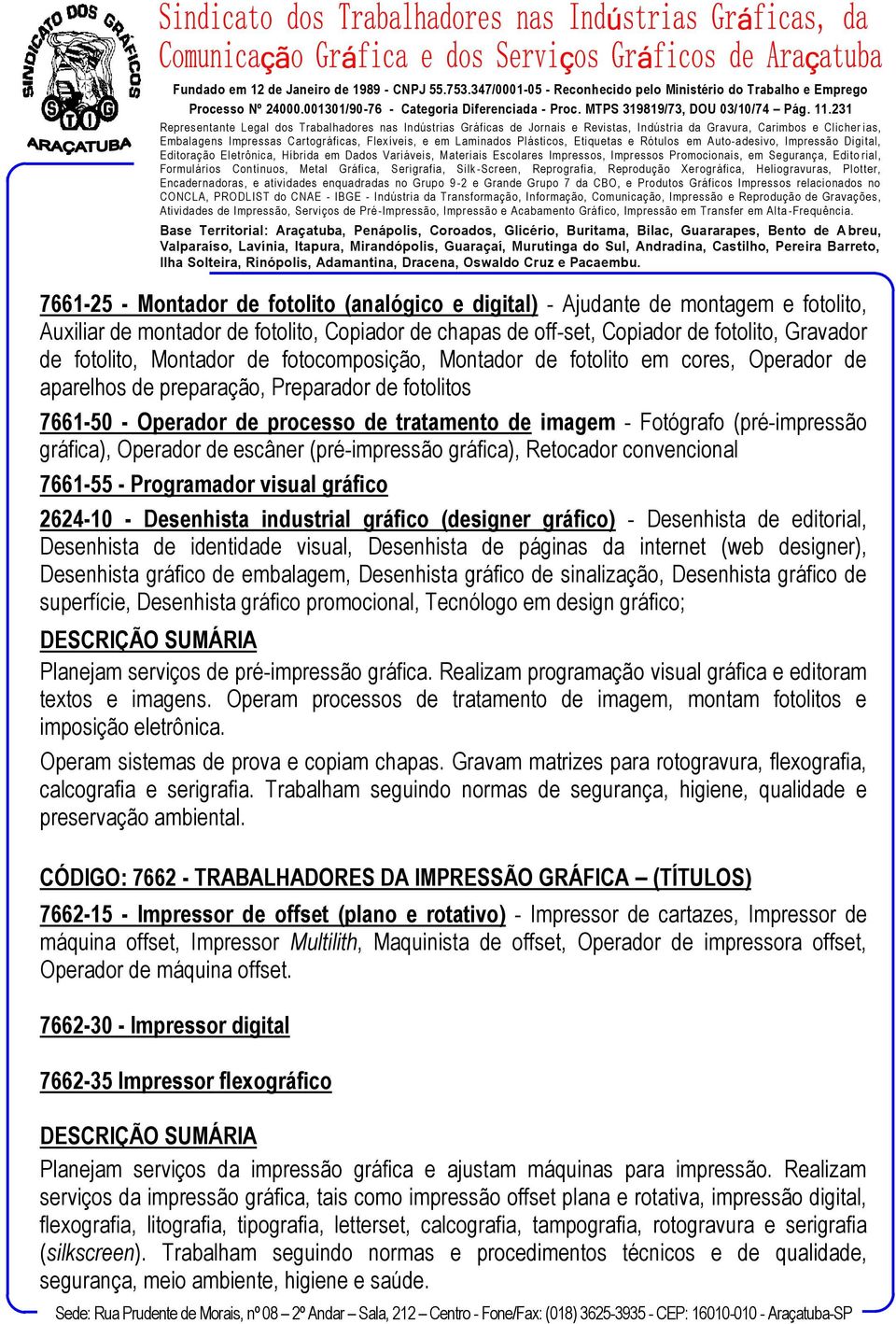 (pré-impressão gráfica), Operador de escâner (pré-impressão gráfica), Retocador convencional 7661-55 - Programador visual gráfico 2624-10 - Desenhista industrial gráfico (designer gráfico) -