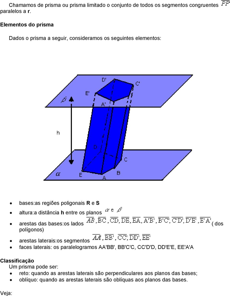 planos arestas das bases:os lados ( dos polígonos) arestas laterais:os segmentos faces laterais: os paralelogramos AA'BB', BB'C'C, CC'D'D,