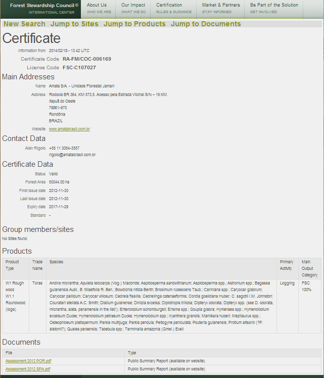 Na imagem abaixo é possível ver como aparece a página de uma empresa certificada pelo FSC. Código de certificado e código de licença.