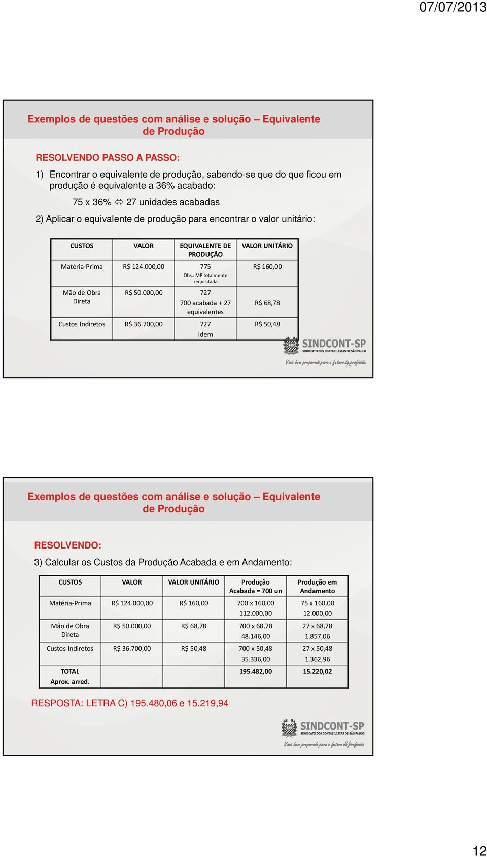 : MP totalmente requisitada Mão de Obra Direta R$ 50.000,00 727 700 acabada + 27 equivalentes Custos Indiretos R$ 36.