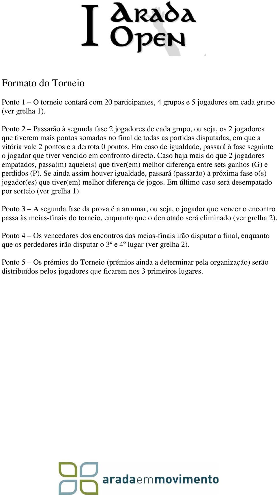 0 pontos. Em caso de igualdade, passará à fase seguinte o jogador que tiver vencido em confronto directo.