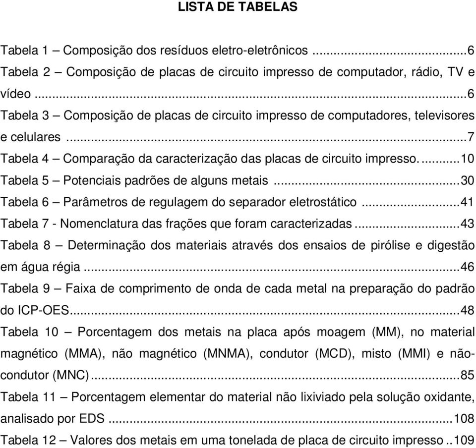 ... 10 Tabela 5 Potenciais padrões de alguns metais... 30 Tabela 6 Parâmetros de regulagem do separador eletrostático... 41 Tabela 7 - Nomenclatura das frações que foram caracterizadas.