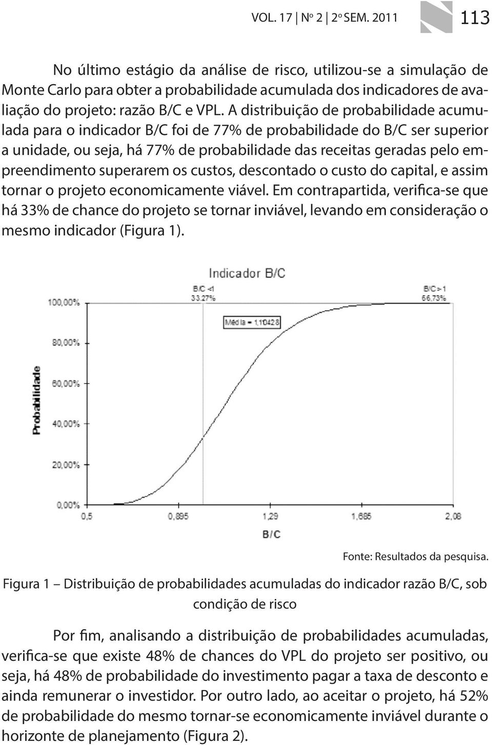 A distribuição de probabilidade acumulada para o indicador B/C foi de 77% de probabilidade do B/C ser superior a unidade, ou seja, há 77% de probabilidade das receitas geradas pelo empreendimento