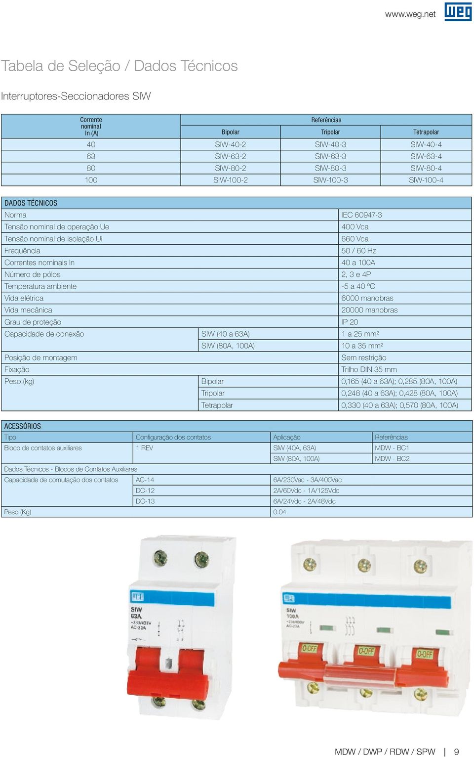 de pólos 2, 3 e 4P Temperatura ambiente -5 a 40 ºC Vida elétrica 6000 manobras Vida mecânica 20000 manobras Grau de proteção IP 20 Capacidade de conexão SIW (40 a 63A) 1 a 25 mm² SIW (80A, 100A) 10 a