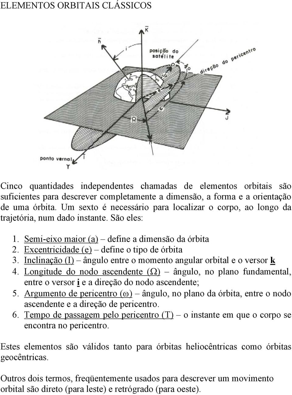 Inclinação (I) ângulo ente o oento angula obital e o veso k 4. Longitude do nodo ascendente (Ω) ângulo, no plano fundaental, ente o veso i e a dieção do nodo ascendente; 5.