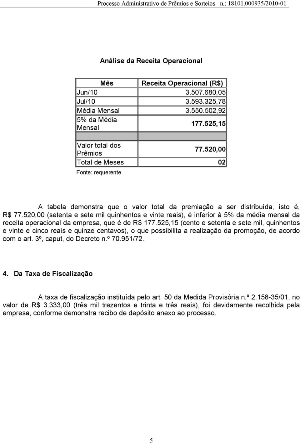 520,00 (setenta e sete mil quinhentos e vinte reais), é inferior à 5% da média mensal da receita operacional da empresa, que é de R$ 177.