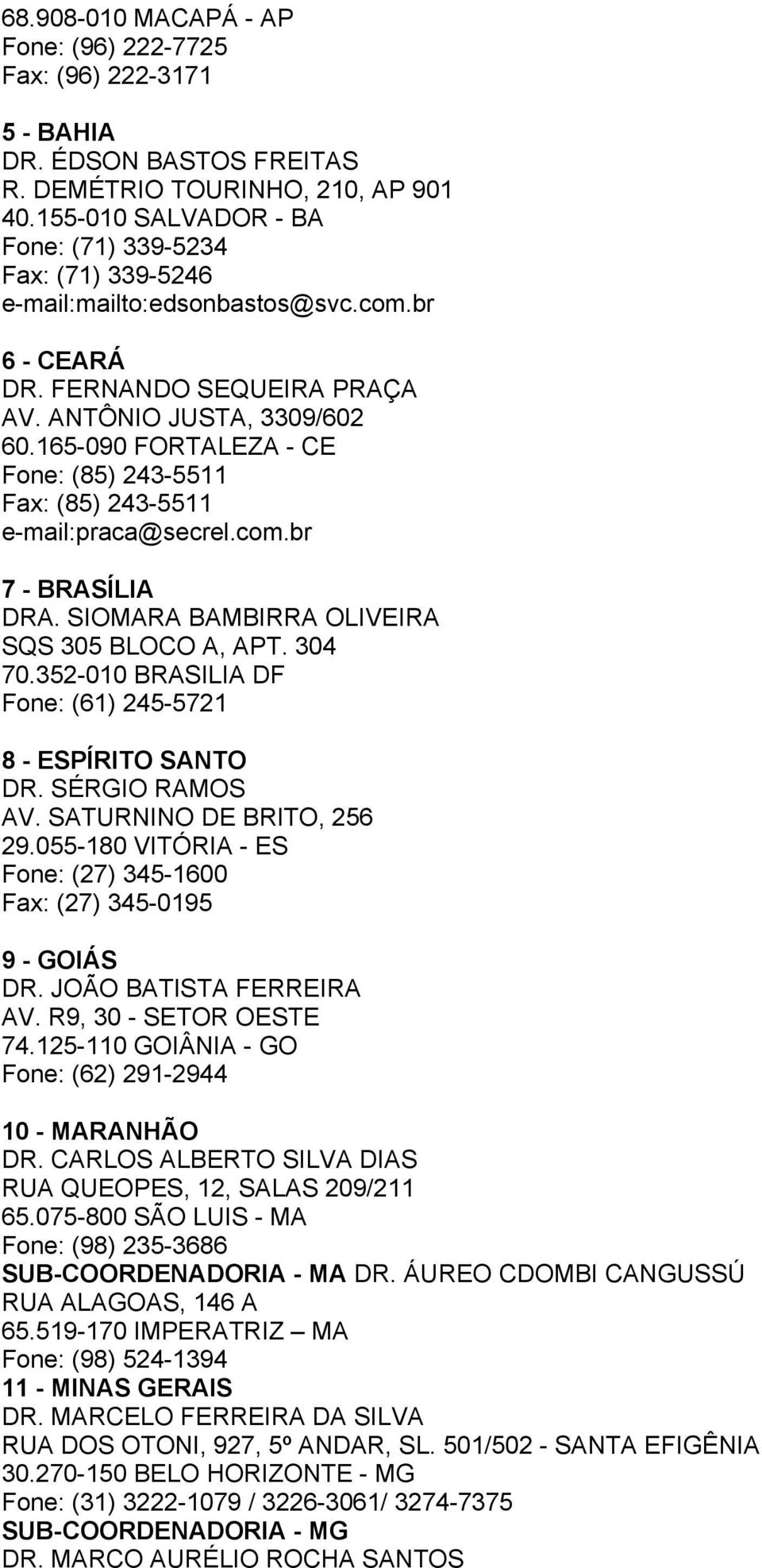 165-090 FORTALEZA - CE Fone: (85) 243-5511 Fax: (85) 243-5511 e-mail:praca@secrel.com.br 7 - BRASÍLIA DRA. SIOMARA BAMBIRRA OLIVEIRA SQS 305 BLOCO A, APT. 304 70.