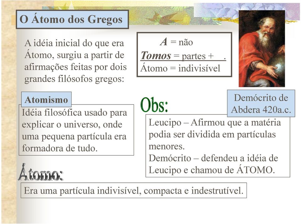 A = não Tomos = partes +. Átomo = indivisível Demócr