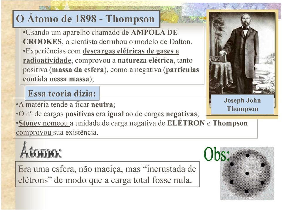 (partículas contida nessa massa); Essa teoria dizia: Joseph John Thompson A matéria tende a ficar neutra; O nº de cargas positivas era igual ao de