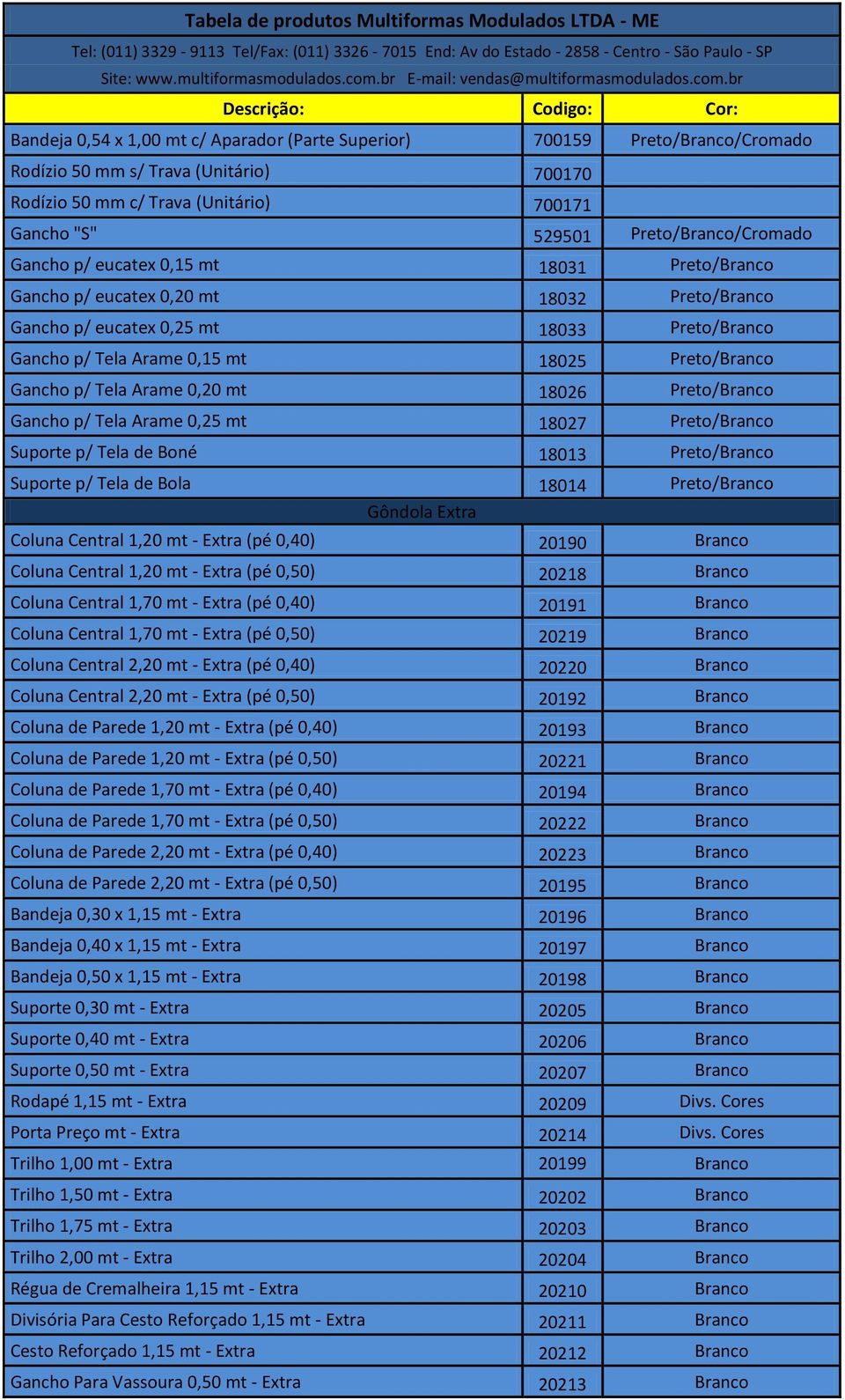 br Descrição: Codigo: Cor: Bandeja 0,54 x 1,00 mt c/ Aparador (Parte Superior) 700159 Preto/Branco/Cromado Rodízio 50 mm s/ Trava (Unitário) 700170 Rodízio 50 mm c/ Trava (Unitário) 700171 Gancho "S"