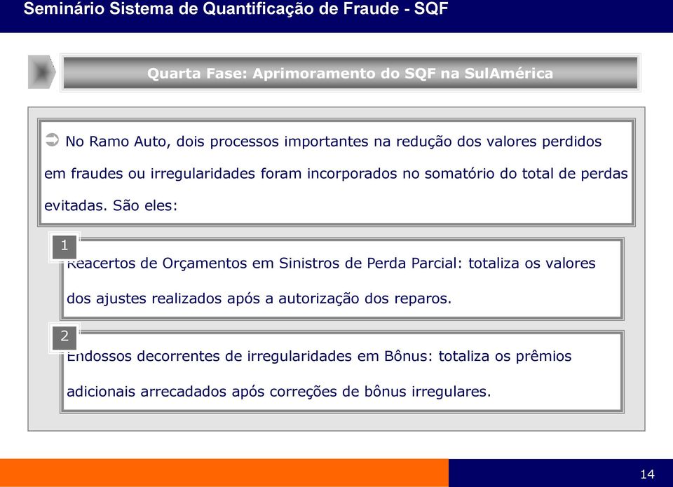 São eles: 1 Reacertos de Orçamentos em Sinistros de Perda Parcial: totaliza os valores dos ajustes realizados após a