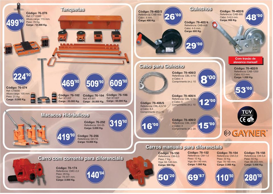 48 00 29 00 224 90 Código: 76-074 ef: CT6000 Altura carga: 105 mm. Peso: 21 Kg. Carga : 6.000 Kg. 469 90 Código: 76-182 ef: KT-20T Carga : 20.000 Kg. Macacos Hidráulicos 509 90 Código: 76-184 ef: KT-30T Carga : 30.