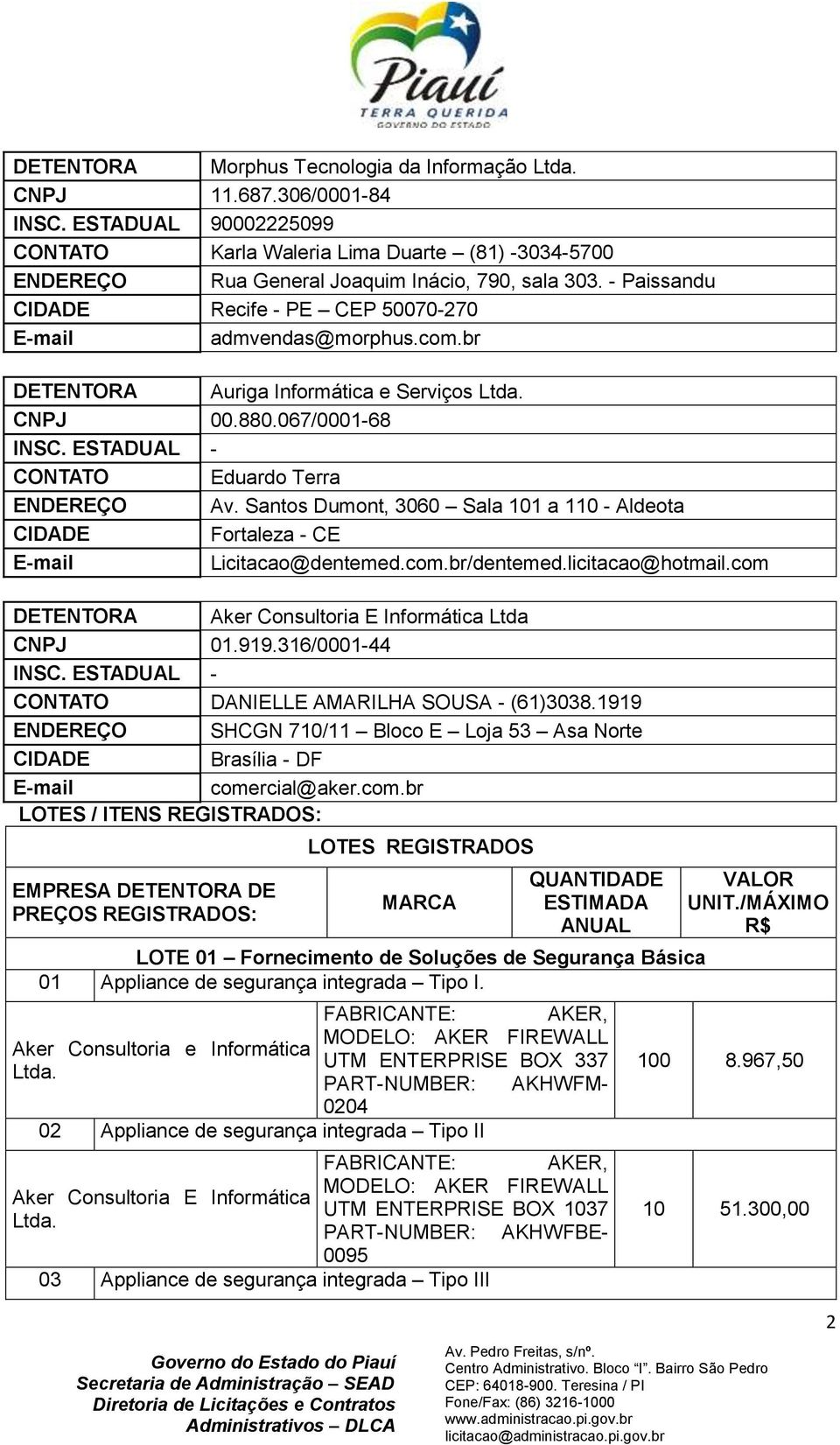 Santos Dumont, 3060 Sala 101 a 110 - Aldeota CIDADE Fortaleza - CE E-mail Licitacao@dentemed.com.br/dentemed.licitacao@hotmail.com DETENTORA Aker Consultoria E Informática Ltda CNPJ 01.919.