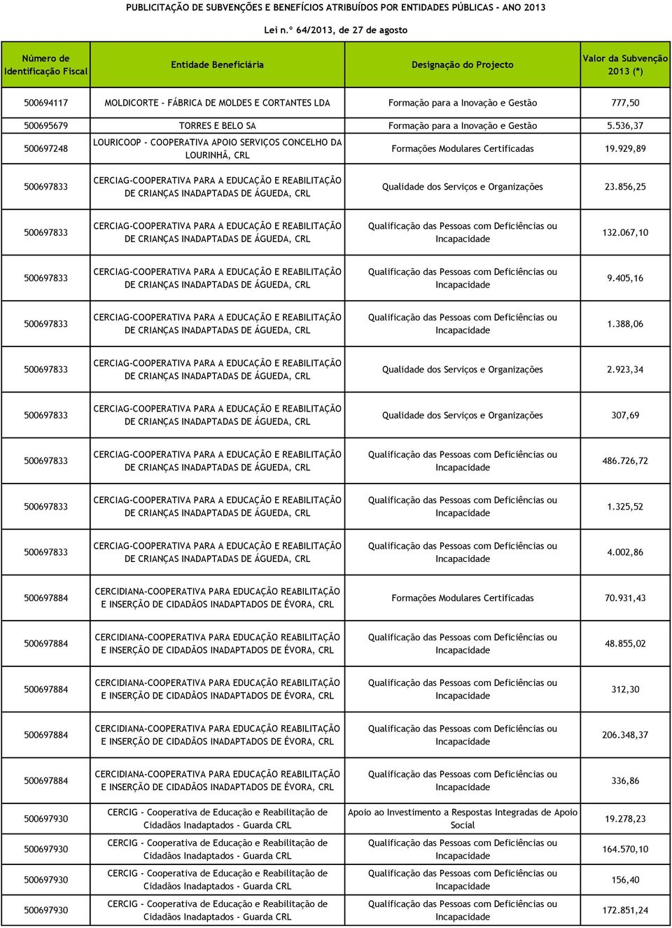 929,89 500697833 CERCIAG-COOPERATIVA PARA A EDUCAÇÃO E REABILITAÇÃO DE CRIANÇAS INADAPTADAS DE ÁGUEDA, CRL Qualidade dos Serviços e Organizações 23.