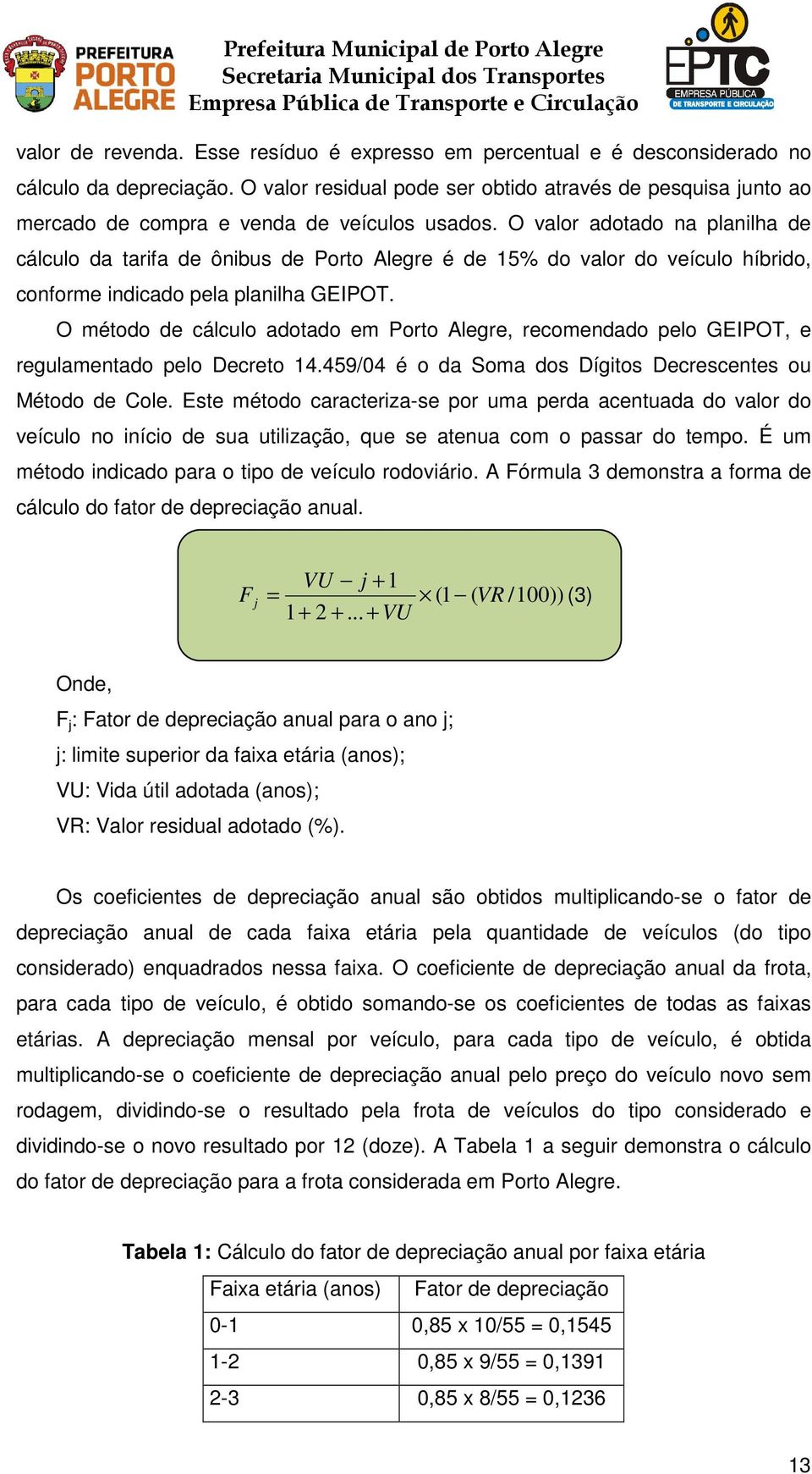 O valor adotado na planilha de cálculo da tarifa de ônibus de Porto Alegre é de 15% do valor do veículo híbrido, conforme indicado pela planilha GEIPOT.